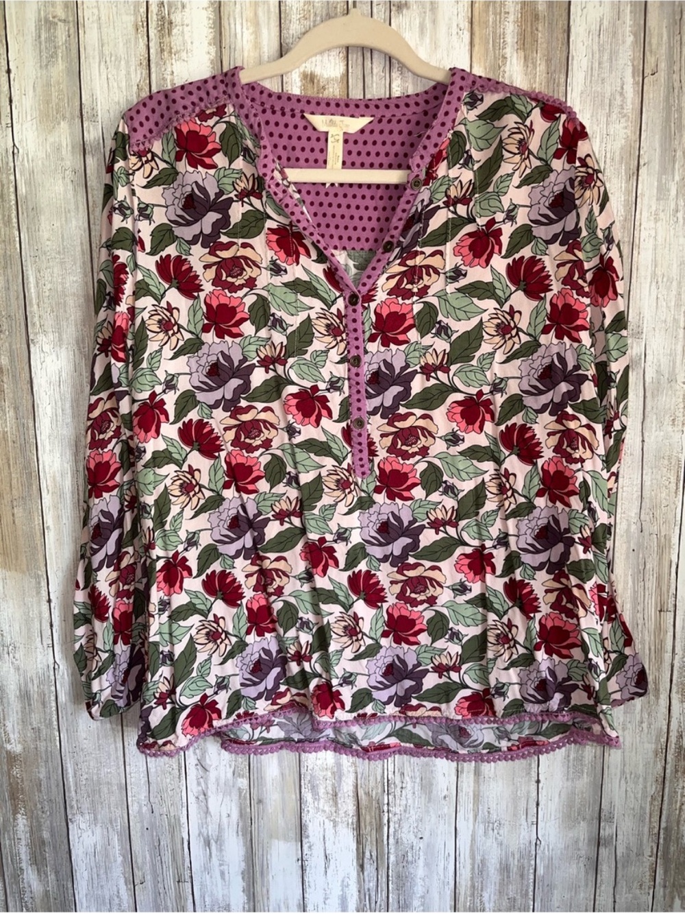 Matilda Jane Floral Rayon Tunic Blouse Purple Polka Dot Trim Large - Picture 2 of 6